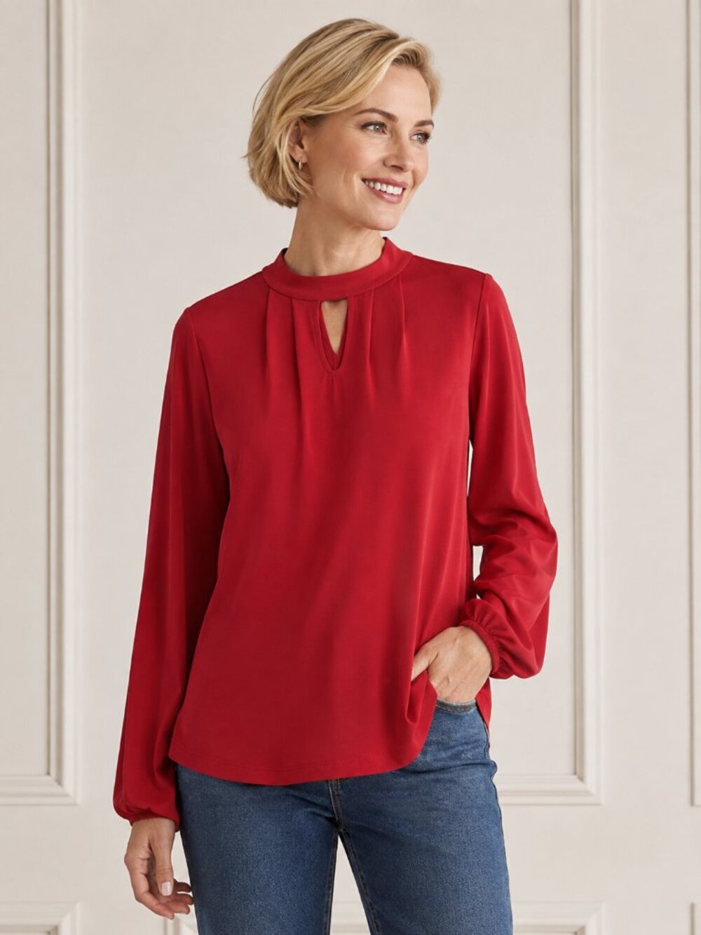 Chico's Red Keyhole Neck Blouson Sleeve Blouse Stretch Knit Size 0